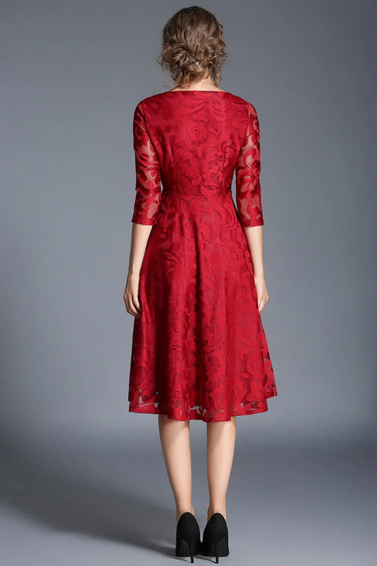 Peacock A Line Round Neck Midi Mother Of The Bride Dress with Half Sleeves