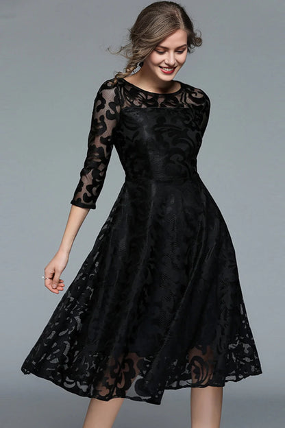 Peacock A Line Round Neck Midi Mother Of The Bride Dress with Half Sleeves