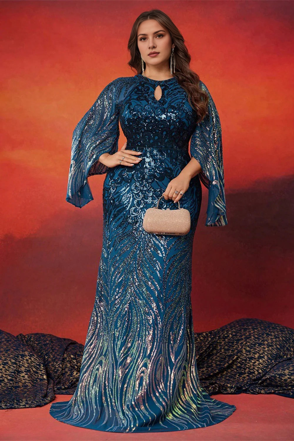 Peacock Blue Plus Size Mermaid Keyhole Mother Of The Bride Dress With Appliques