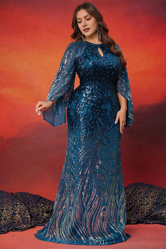 Peacock Blue Plus Size Mermaid Keyhole Mother Of The Bride Dress With Appliques