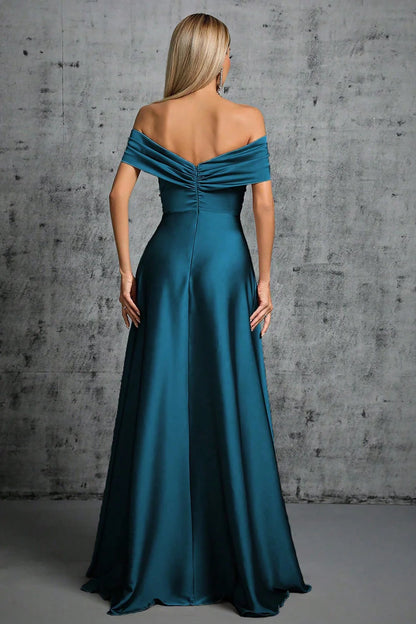 Peacock Blue Satin Off The Shoulder Pleated Formal Dress