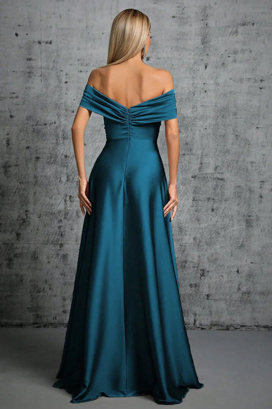 Peacock Blue Satin Off The Shoulder Pleated Formal Dress