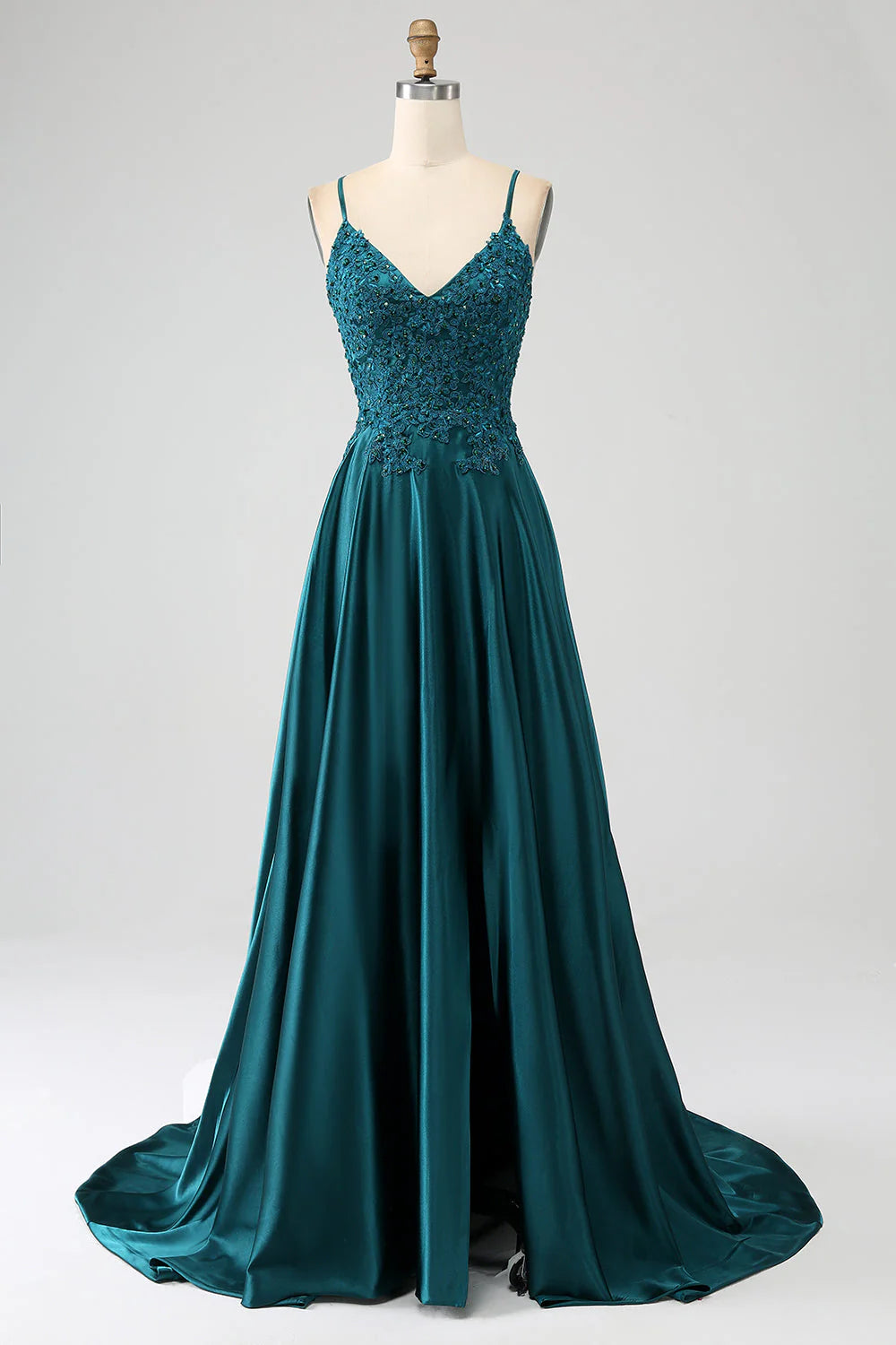 Peacock Green A-Line Spaghetti Straps Backless Prom Dress with Slit