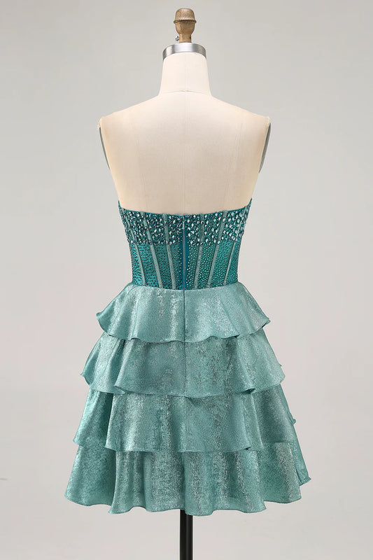 Peacock Green A Line Beaded Tiered Strapless Short Homecoming Dress