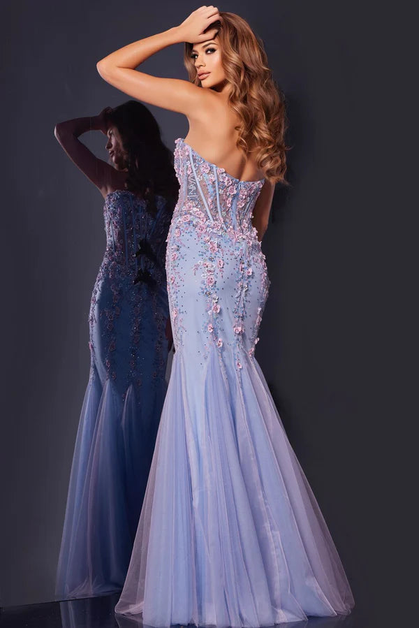 Periwinkle Blue Floral Embellished Strapless Corset Mermaid Tulle Evening Dresses