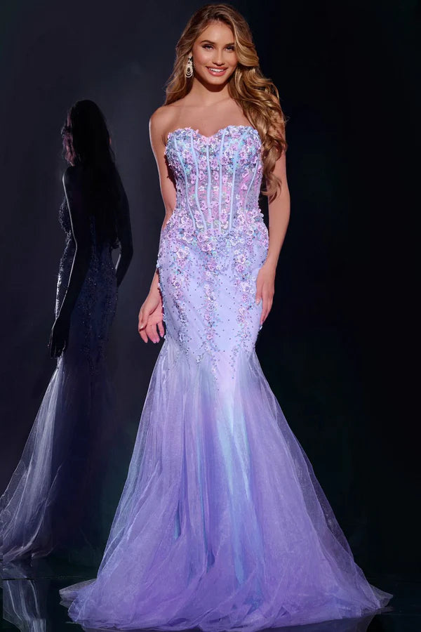 Periwinkle Blue Floral Embellished Strapless Corset Mermaid Tulle Evening Dresses