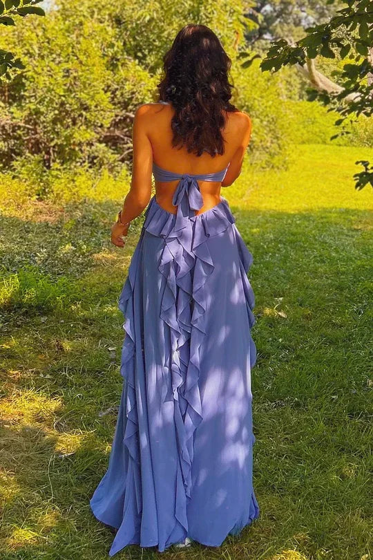 Periwinkle Halter Floral Applique Cutout Ruffle Maxi Dress with Back Bow