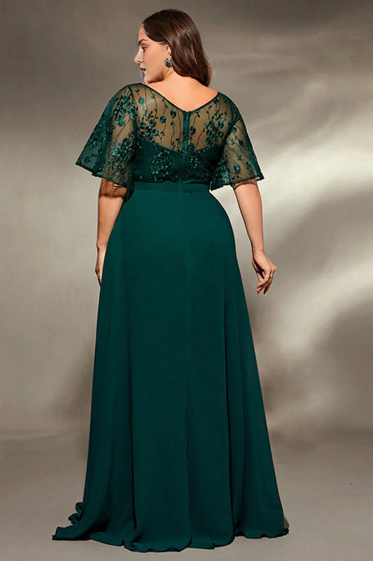 Pine Plus V-neck A-line long bridal mother decal dress
