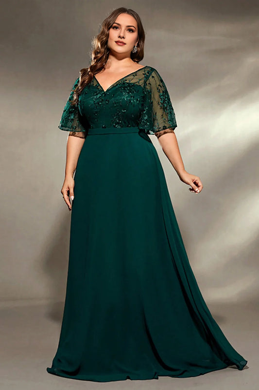 Pine Plus V-neck A-line long bridal mother decal dress