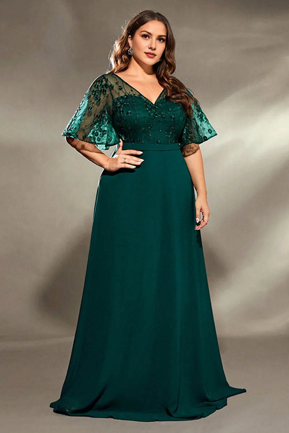 Pine Plus V-neck A-line long bridal mother decal dress