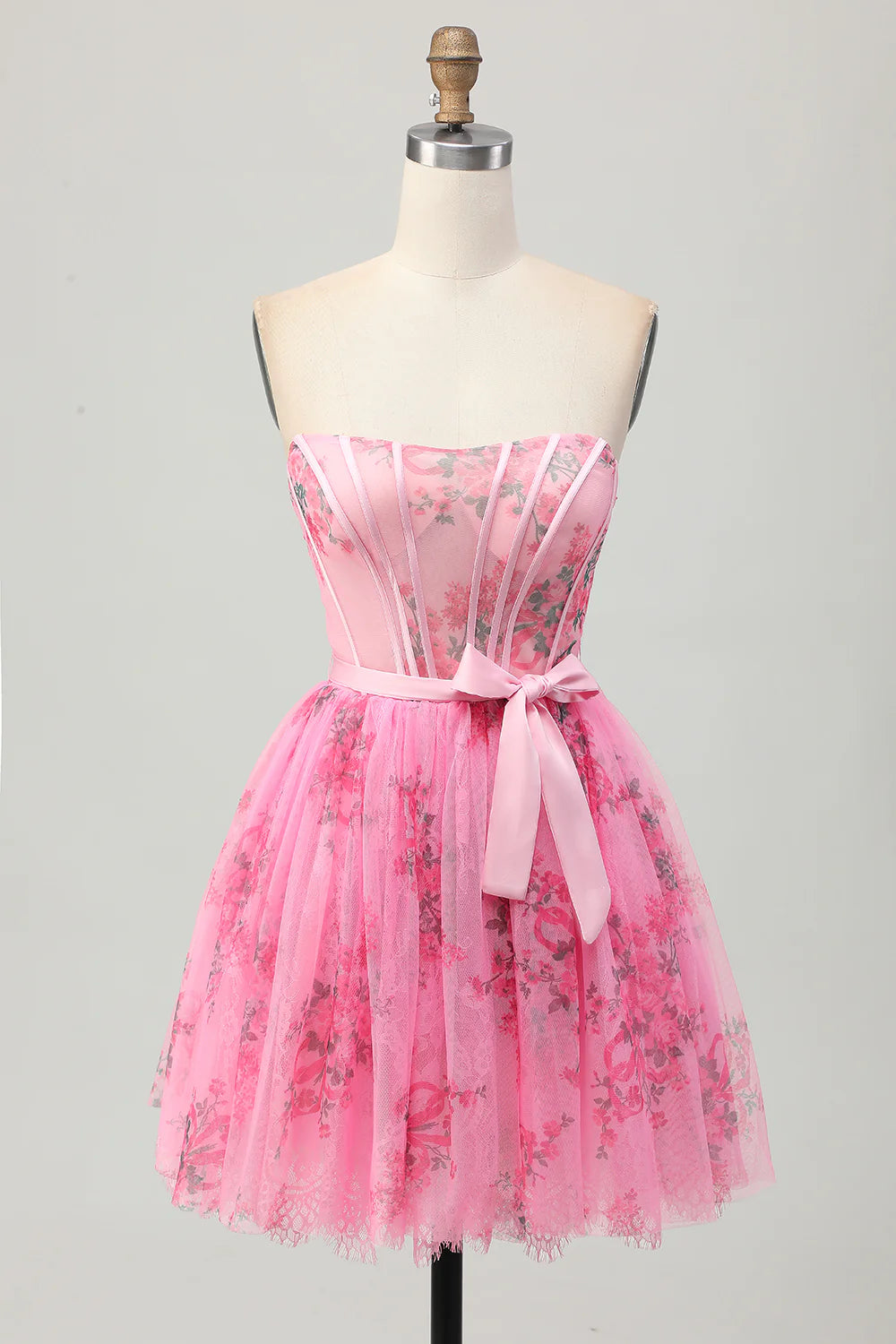 Pink floral strapless A-line short homecoming dress with corset bodice.