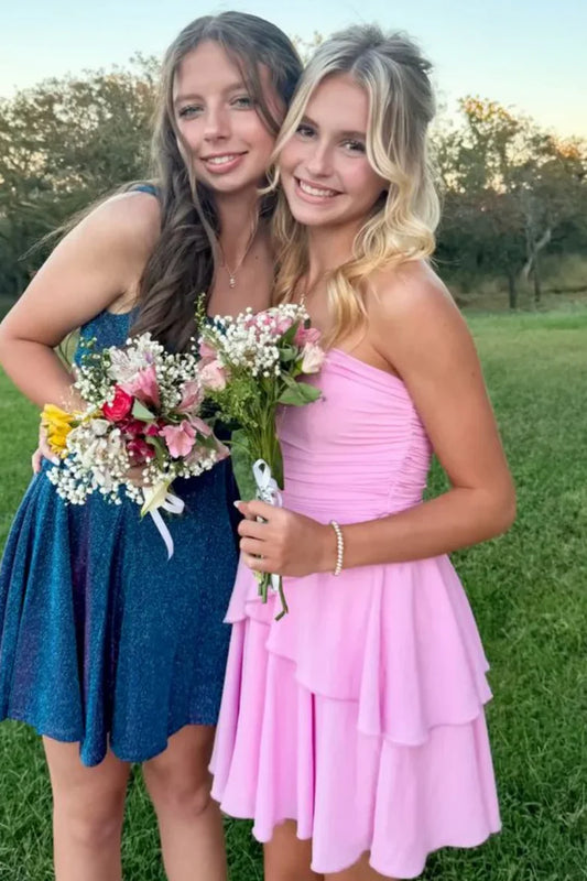 Pink A-Line Strapless Empire-Waist Layered Sleeveless Homecoming Dress