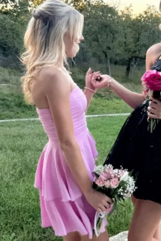 Pink A-Line Strapless Empire-Waist Layered Sleeveless Homecoming Dress