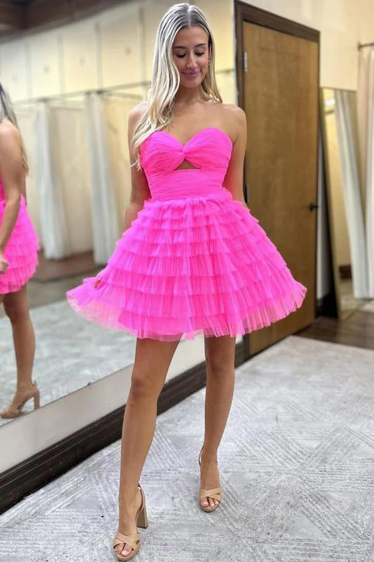 Pink A-Line Strapless Keyhole Ruffles Tulle Short Homecoming Dress