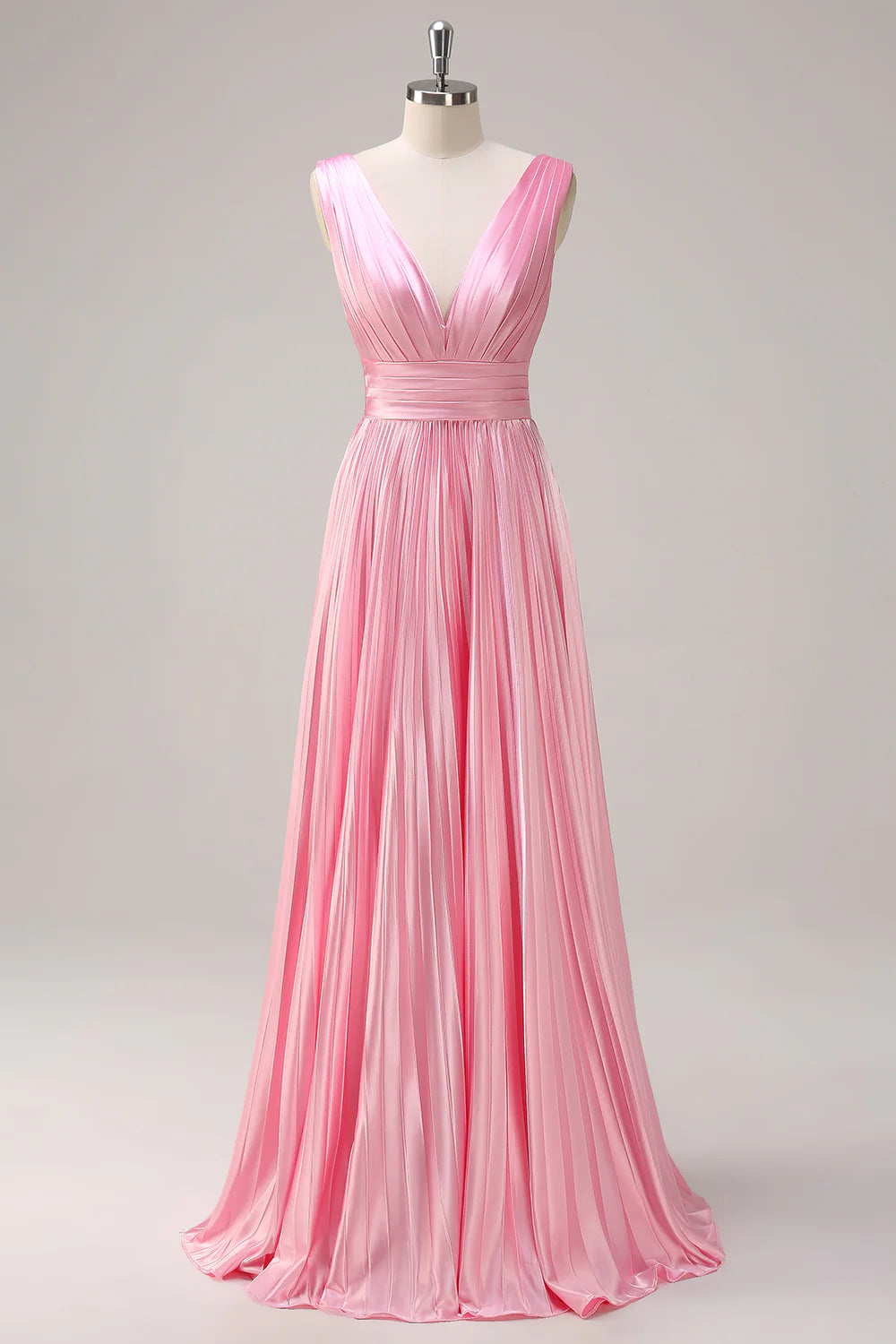 Pink A Line V Neck Ruched Open Back Bright Satin Long  Dress