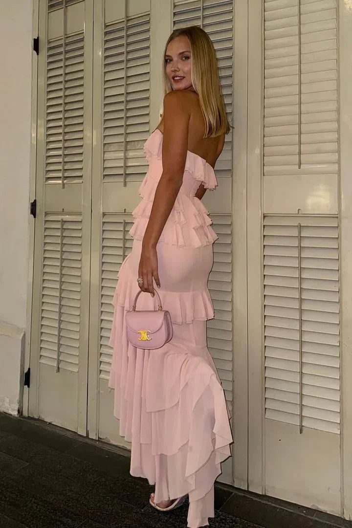 Pink Chiffon Strapless Tiered Ruffle Prom Dress with High Slit