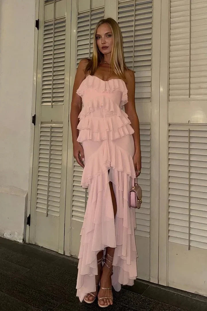 Pink Chiffon Strapless Tiered Ruffle Prom Dress with High Slit