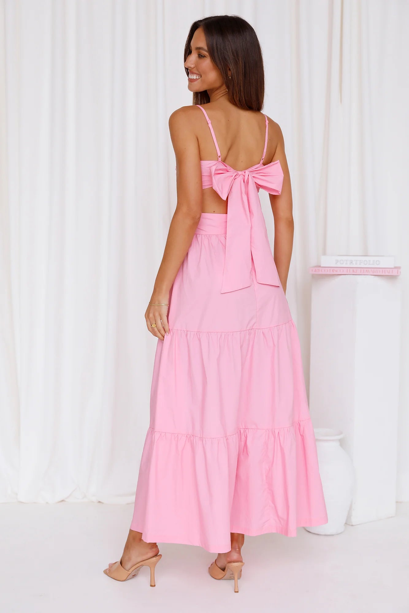 Pink Cutout Bow Tiered Midi Evening Dresses