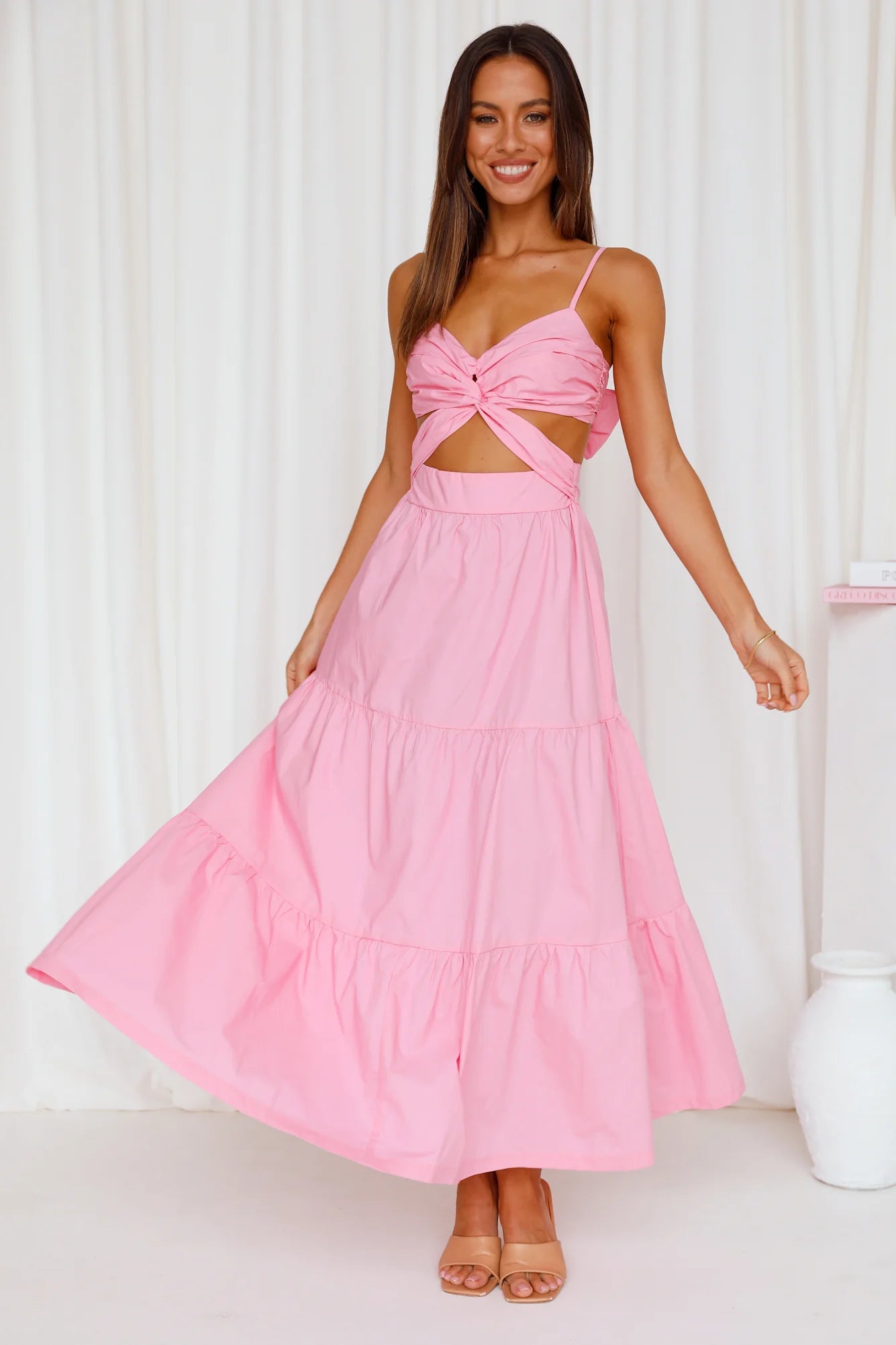 Pink Cutout Bow Tiered Midi Evening Dresses