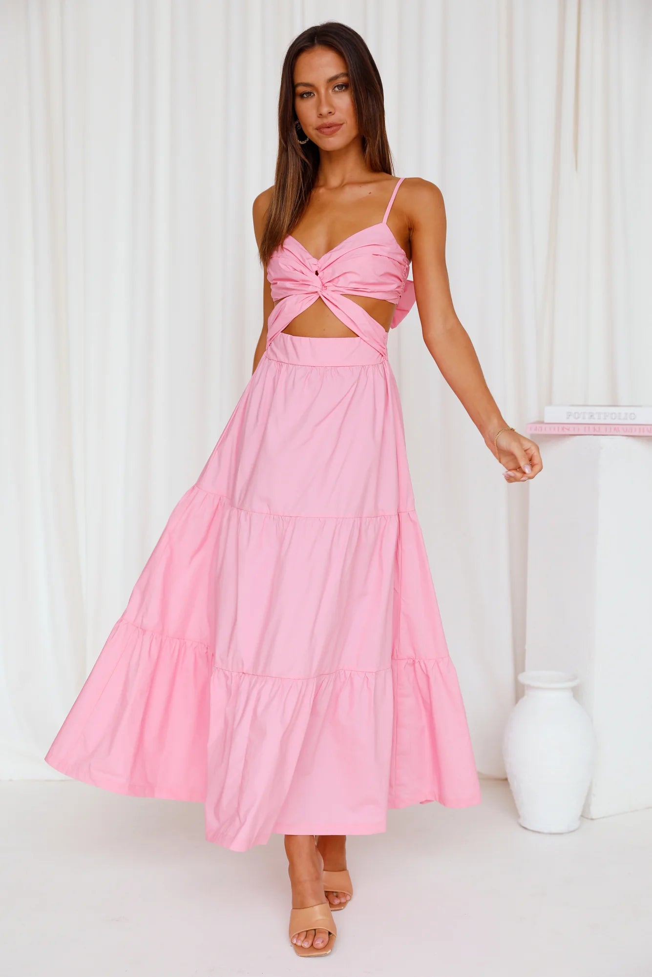 Pink Cutout Bow Tiered Midi Evening Dresses