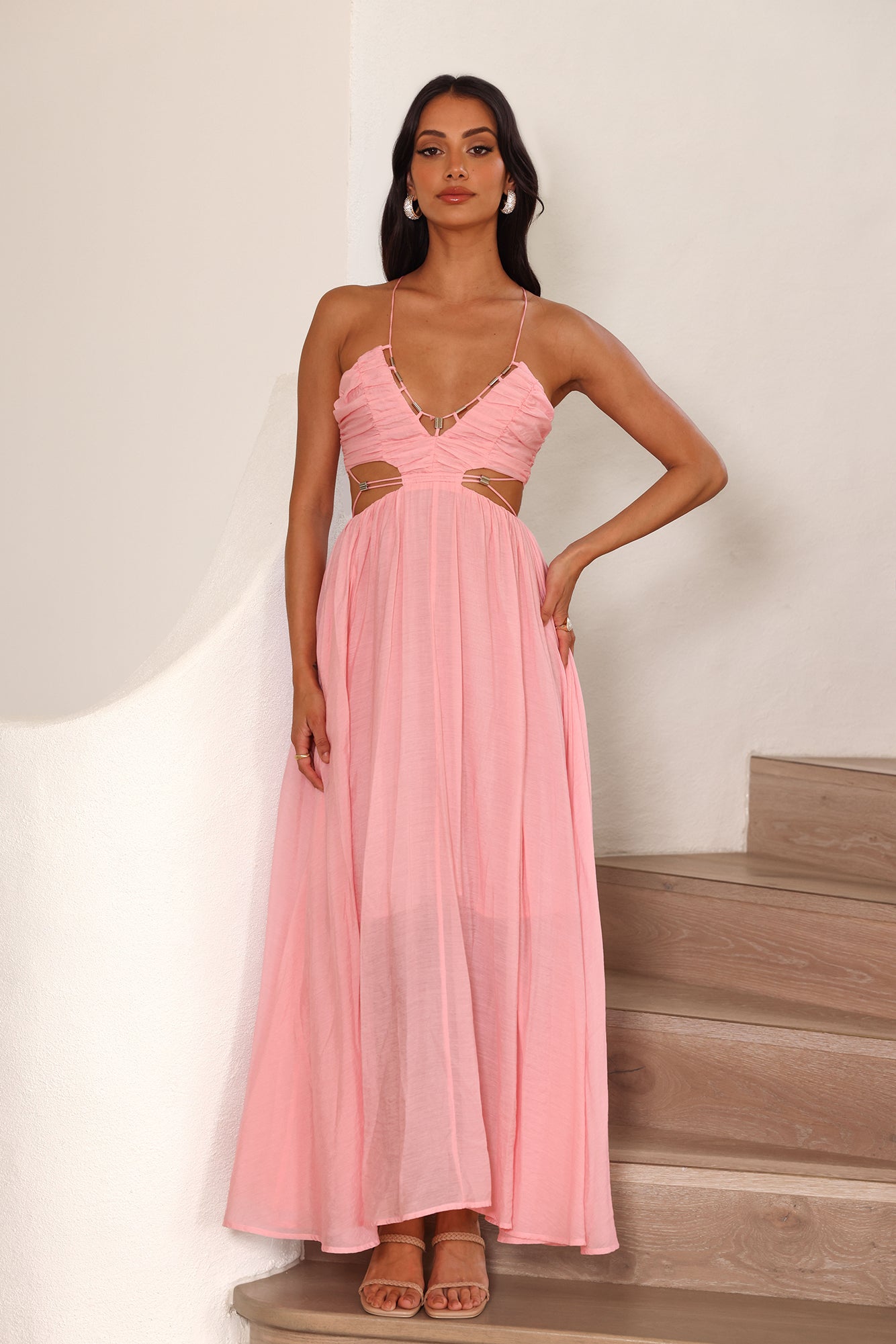 Pink Cutout Lace Up Maxi Evening Dresses