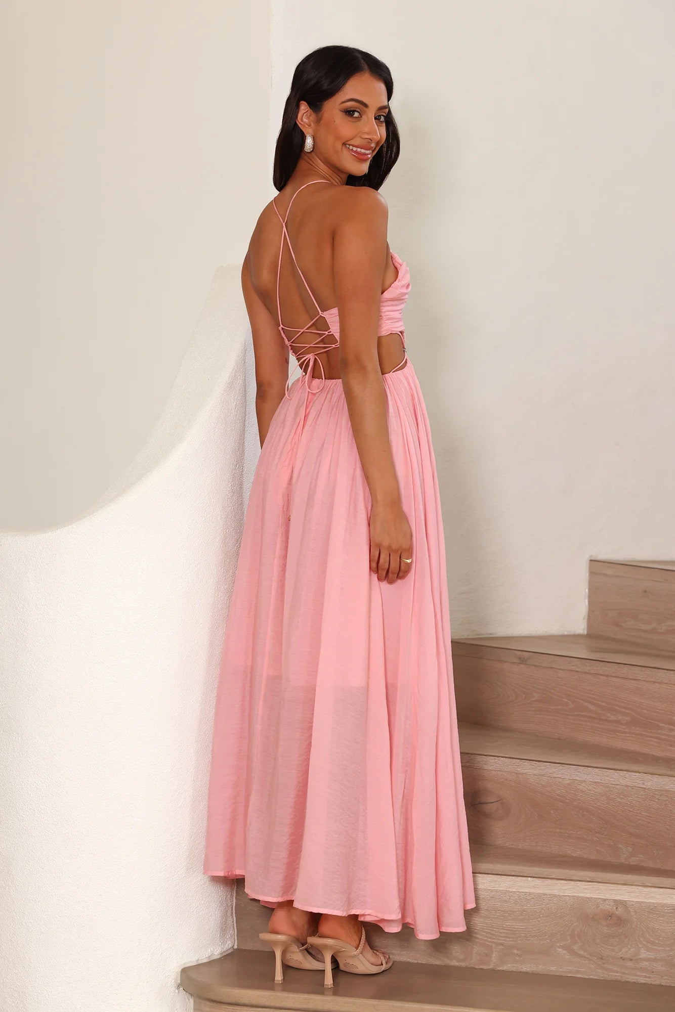 Pink Cutout Lace Up Maxi Evening Dresses