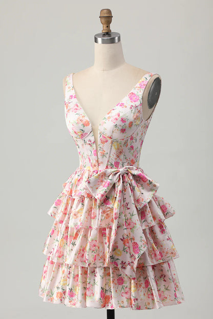 Pink Floral A-Line Printed Tiered Homecoming Dress with Bow