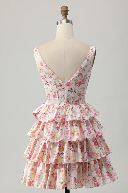Pink Floral A-Line Printed Tiered Homecoming Dress with Bow