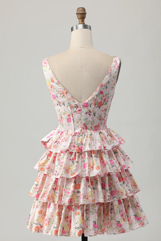 Pink Floral A-Line Printed Tiered Homecoming Dress with Bow