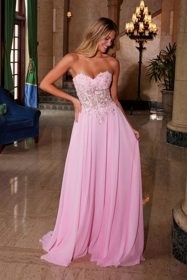 Pink Floral Applique Strapless Corset Lace-Up Back Chiffon Maxi Evening Dresses