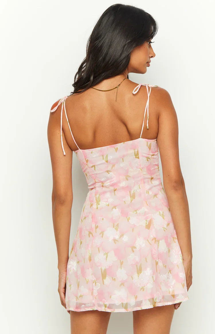 Pink Floral Bustier Tie-Strap Homecoming Dresses