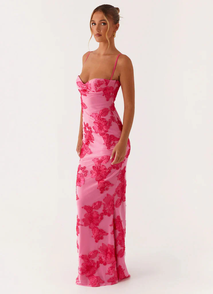 Pink Floral Embroidered Sleeveless Maxi Evening Dress For Elegant Formal Party Events