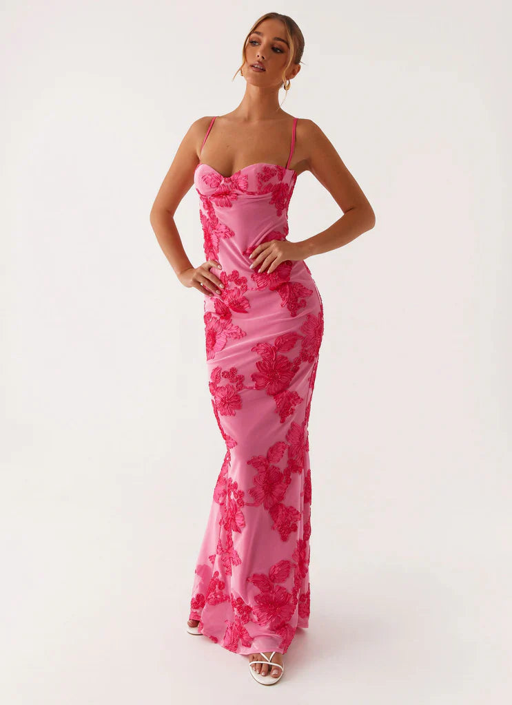 Pink Floral Embroidered Sleeveless Maxi Evening Dress For Elegant Formal Party Events