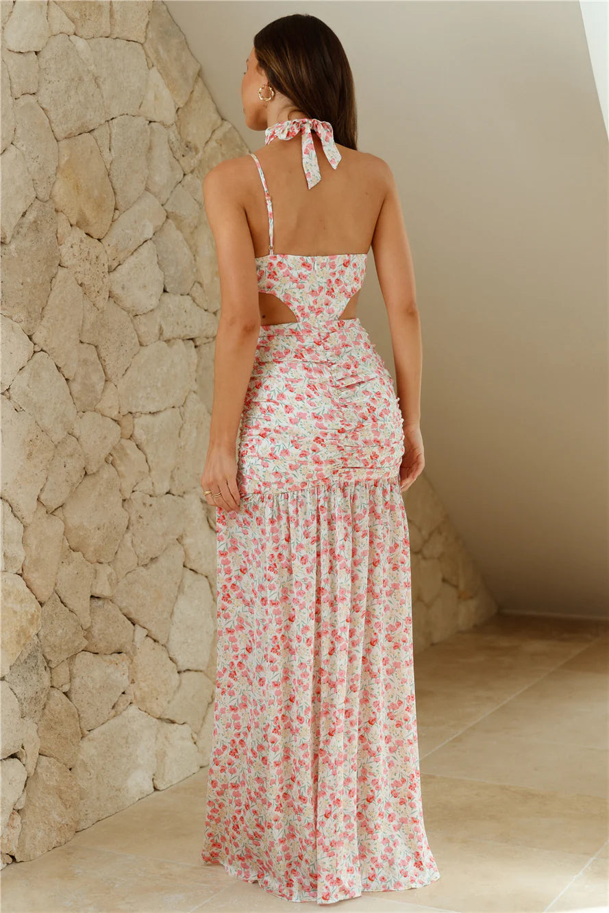 Pink Floral Halter Cutout Ruched Evening Dresses