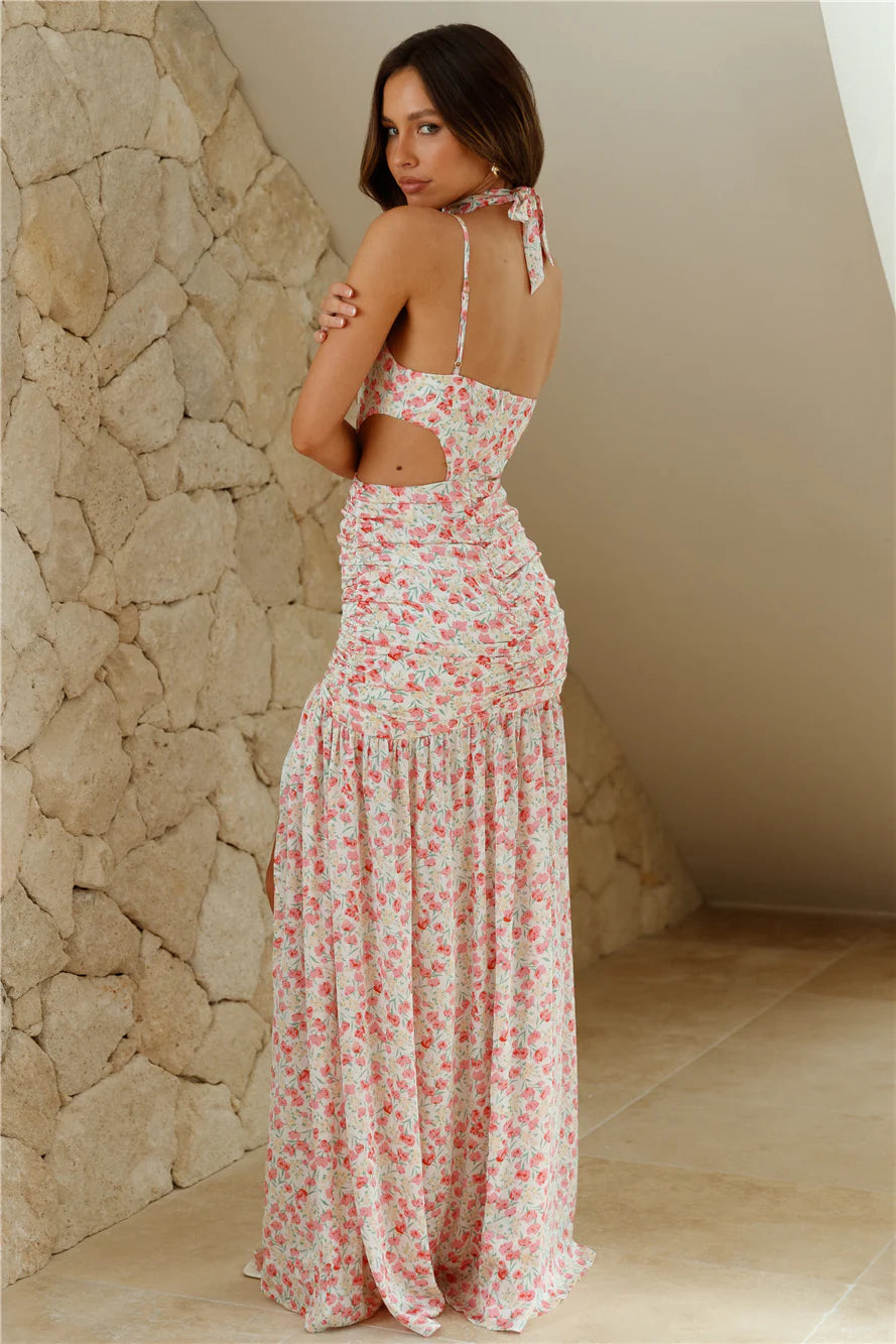 Pink Floral Halter Cutout Ruched Evening Dresses