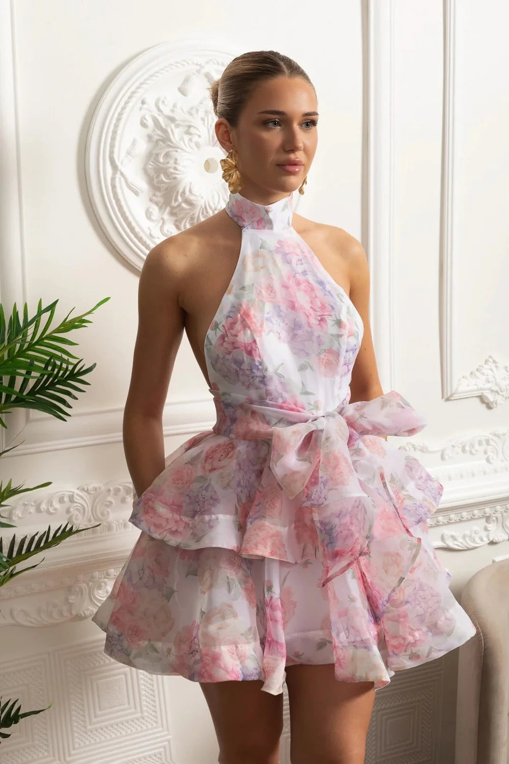 Pink Floral Halter Ruffled Homecoming Dresses