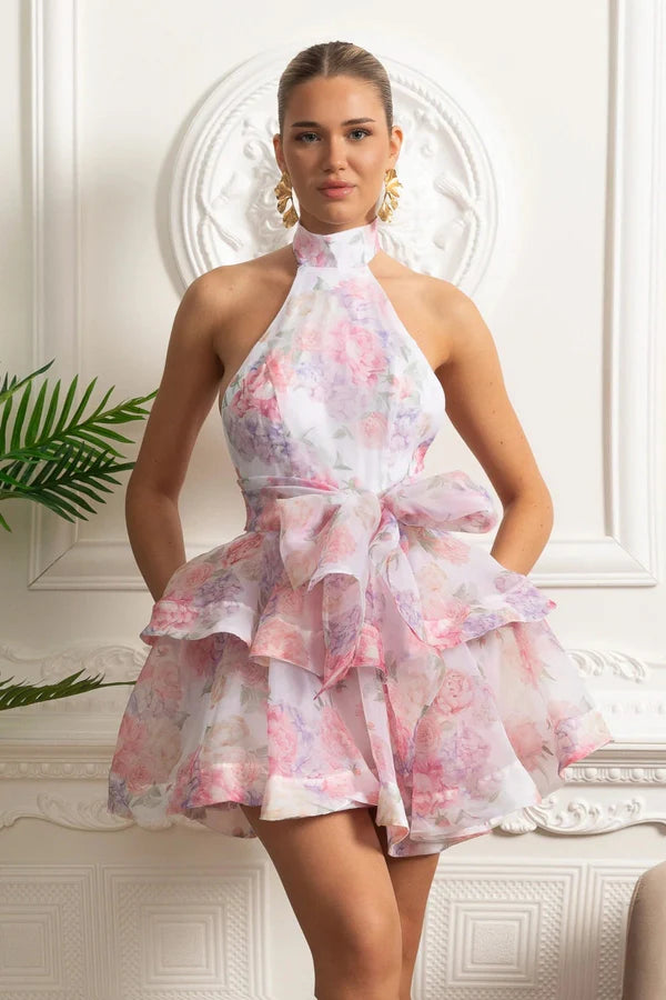 Pink Floral Halter Ruffled Homecoming Dresses