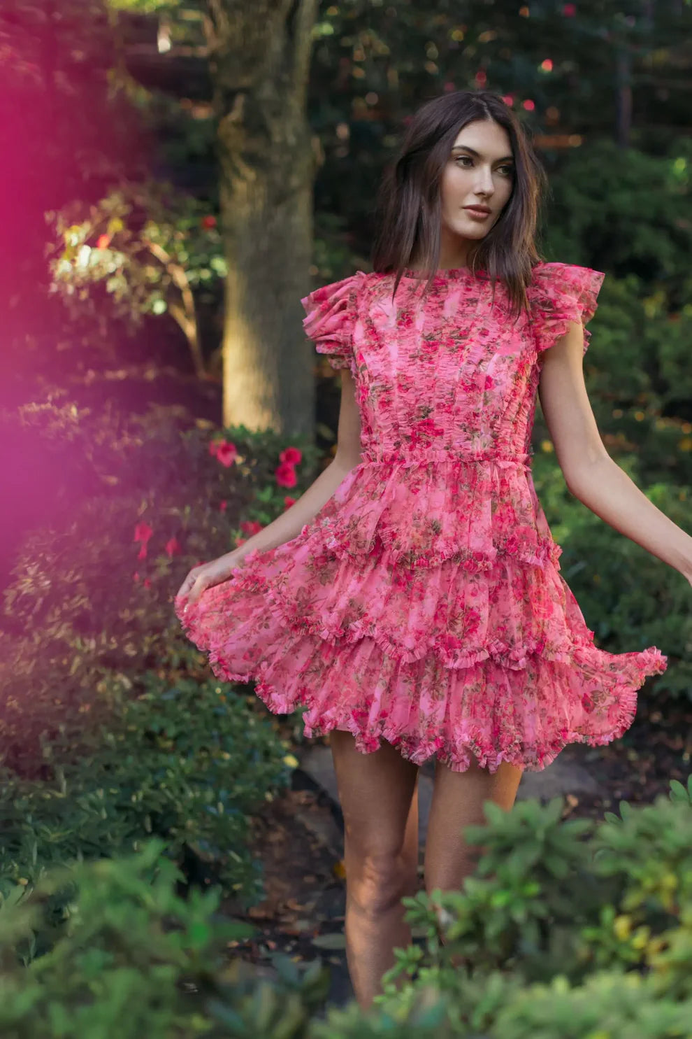 Pink Floral High Neck Lace-Up Tiered Tulle Homecoming Dresses