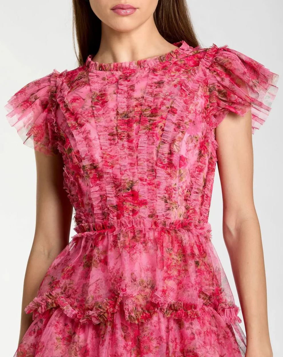 Pink Floral High Neck Lace-Up Tiered Tulle Homecoming Dresses