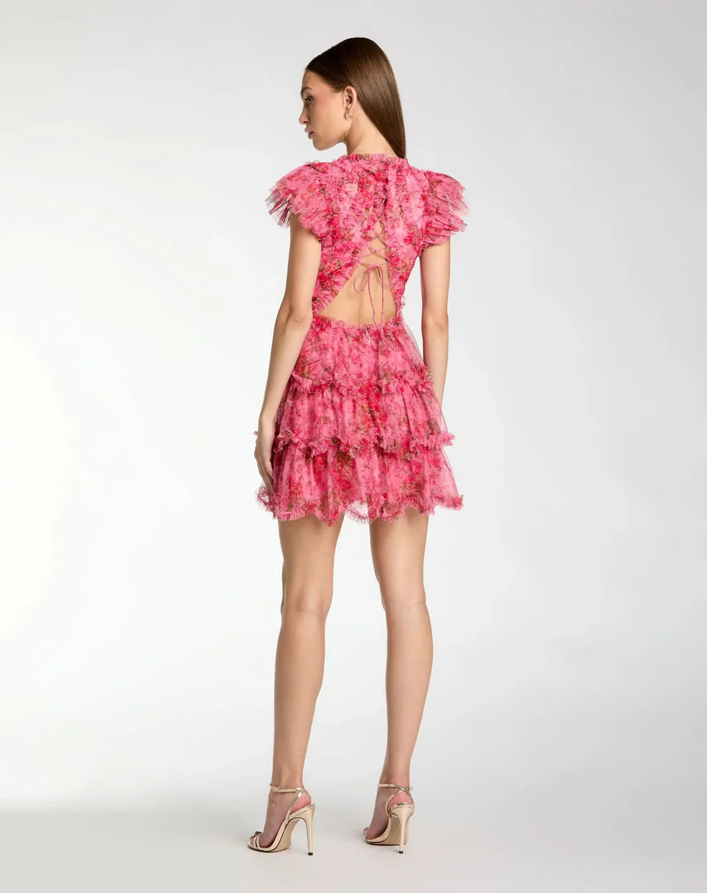 Pink Floral High Neck Lace-Up Tiered Tulle Homecoming Dresses