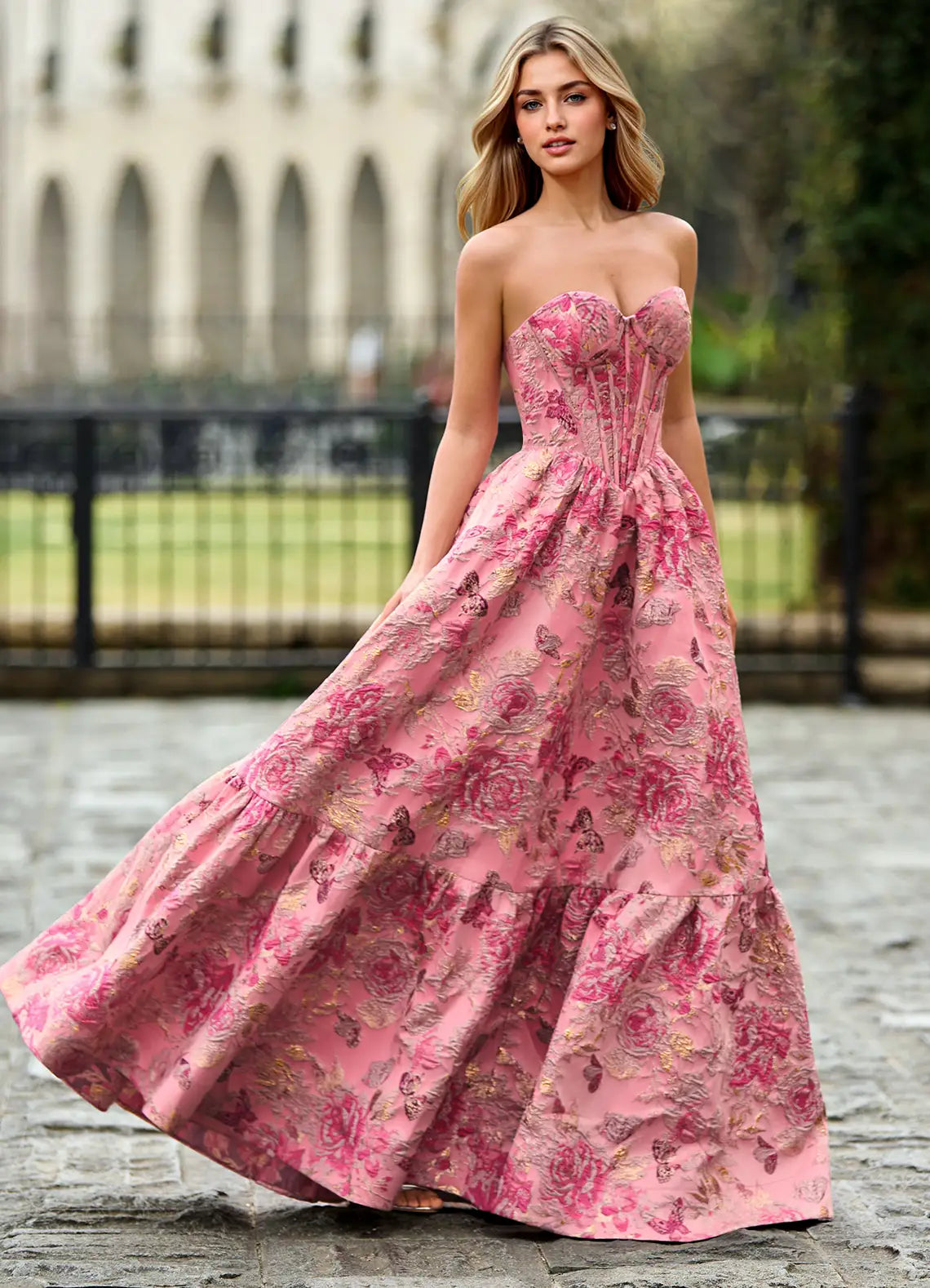 Pink Floral Jacquard Strapless Corset Lace-Up Back Ball Gown Evening Dresses