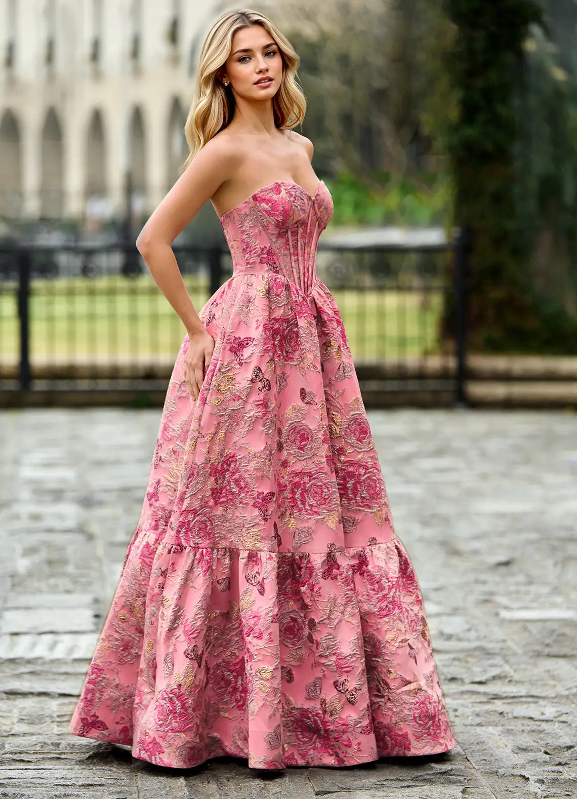 Pink Floral Jacquard Strapless Corset Lace-Up Back Ball Gown Evening Dresses
