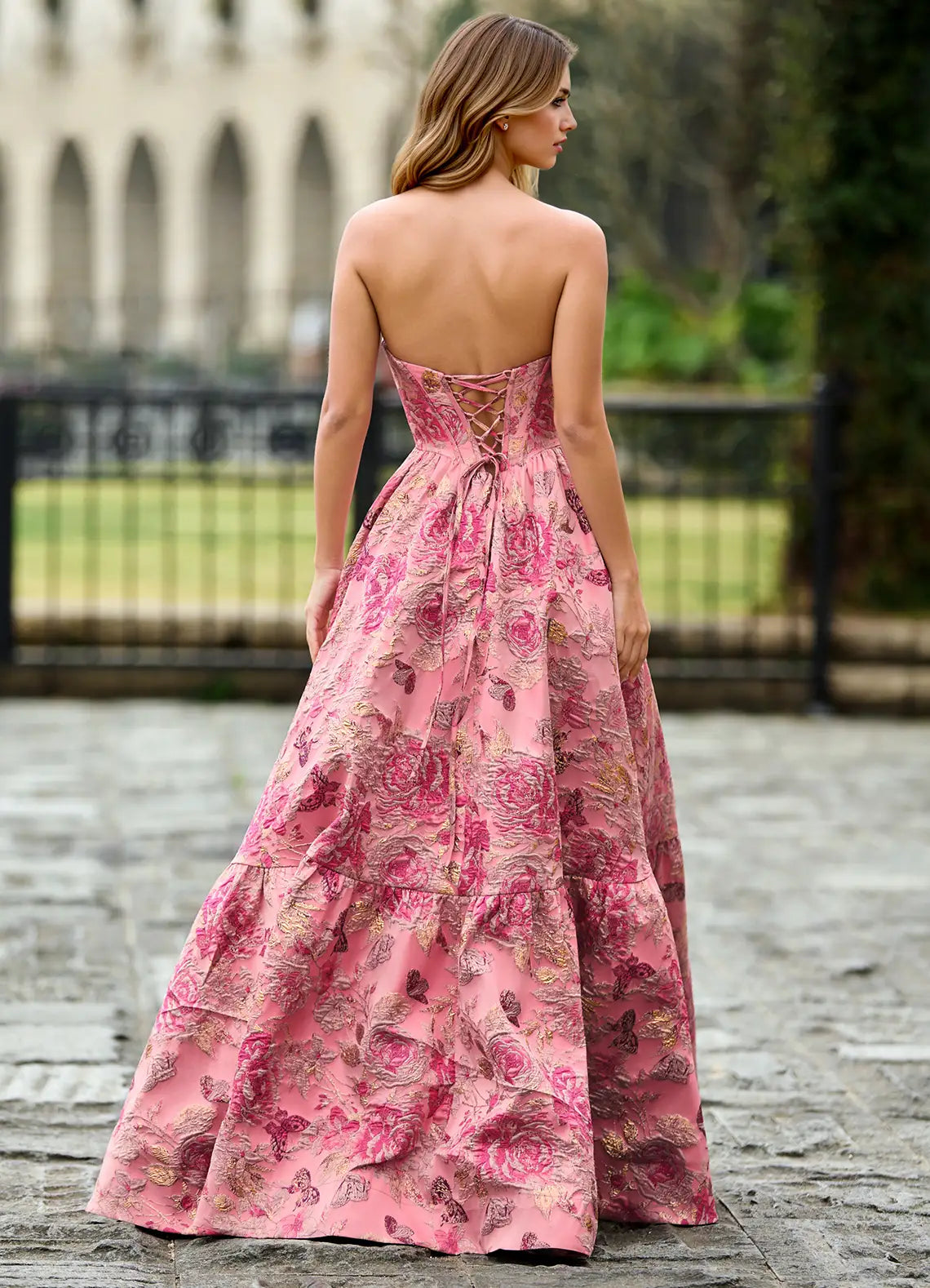Pink Floral Jacquard Strapless Corset Lace-Up Back Ball Gown Evening Dresses