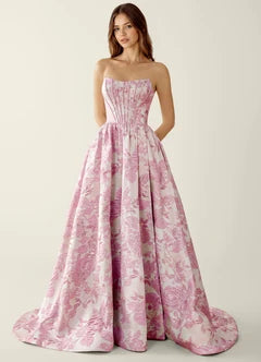 Pink Floral Jacquard Strapless Evening Dresses