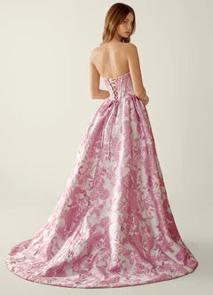 Pink Floral Jacquard Strapless Evening Dresses