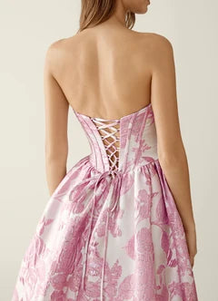 Pink Floral Jacquard Strapless Evening Dresses