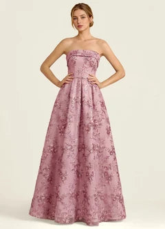 Pink Floral Jacquard Strapless Pocket Maxi Evening Dresses
