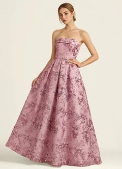 Pink Floral Jacquard Strapless Pocket Maxi Evening Dresses