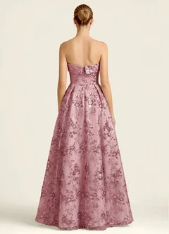 Pink Floral Jacquard Strapless Pocket Maxi Evening Dresses