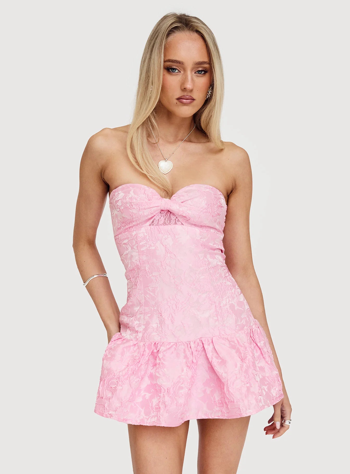 Pink Floral Jacquard Strapless Ruffle Hem Bodycon Mini Evening Dresses